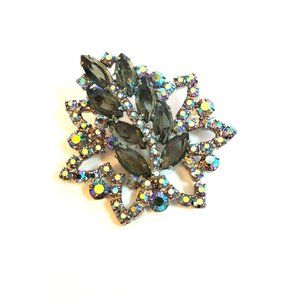 Vintage Silver Green AB Gemstones Green Rhinestone Accents Raised Women's Brooch